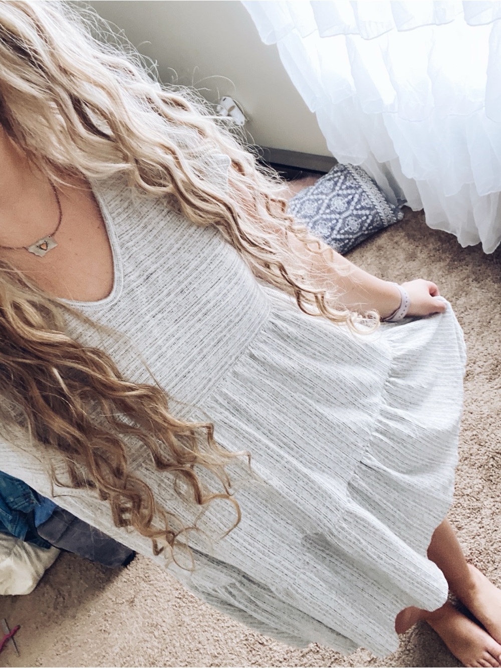 Caution To The Wind Light Gray Tiered V-Neck Mini Dress